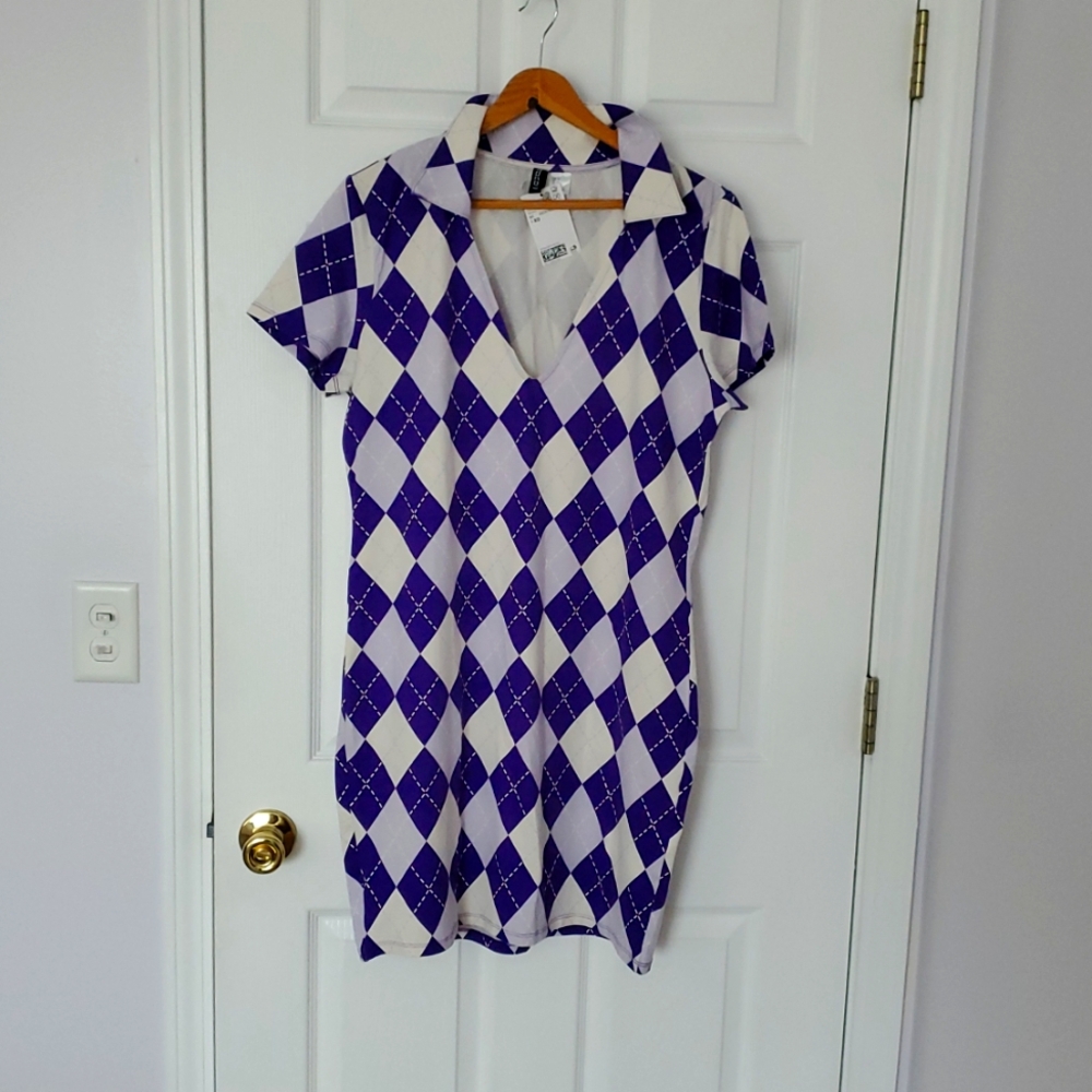 NWT Purple and White Argyle Dress (XL)